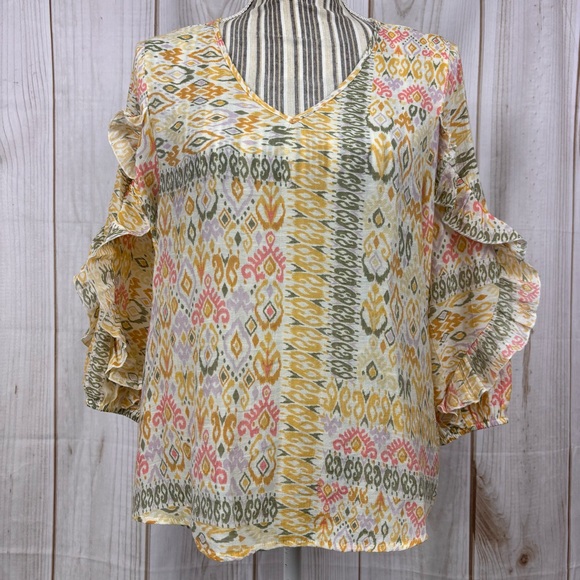 Zac & Rachel Tops - Boho Blouse 3/4 Ruffle Sleeve V-Neck Lightweight Sheer Multicolor Fall Top Sz PM